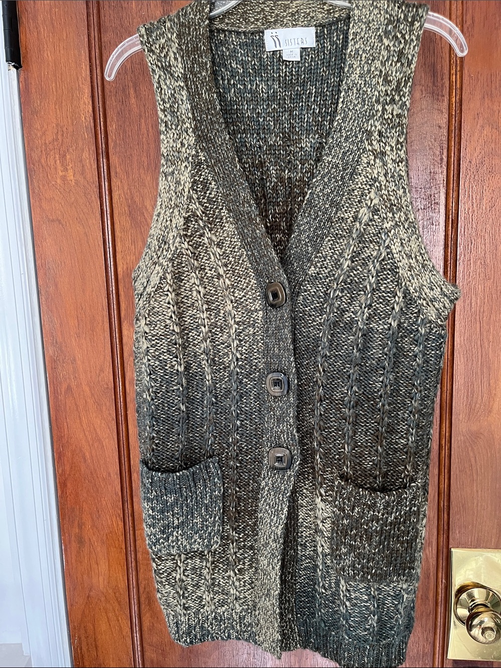 Sisters ForestGreen Tan Tweed Marled Knit Button-Front Cardigan Vest